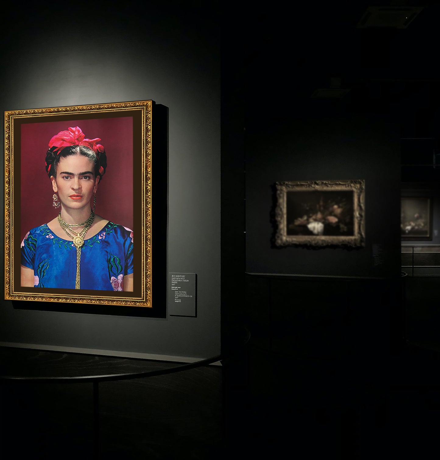 Frida Kahlo Portrait with blue satin blouse Exclusive Frame Canvas, Frida Kahlo style, New York 1939, Mexico, canvas Wall Art Decoration