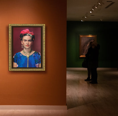 Frida Kahlo Portrait with blue satin blouse Exclusive Frame Canvas, Frida Kahlo style, New York 1939, Mexico, canvas Wall Art Decoration