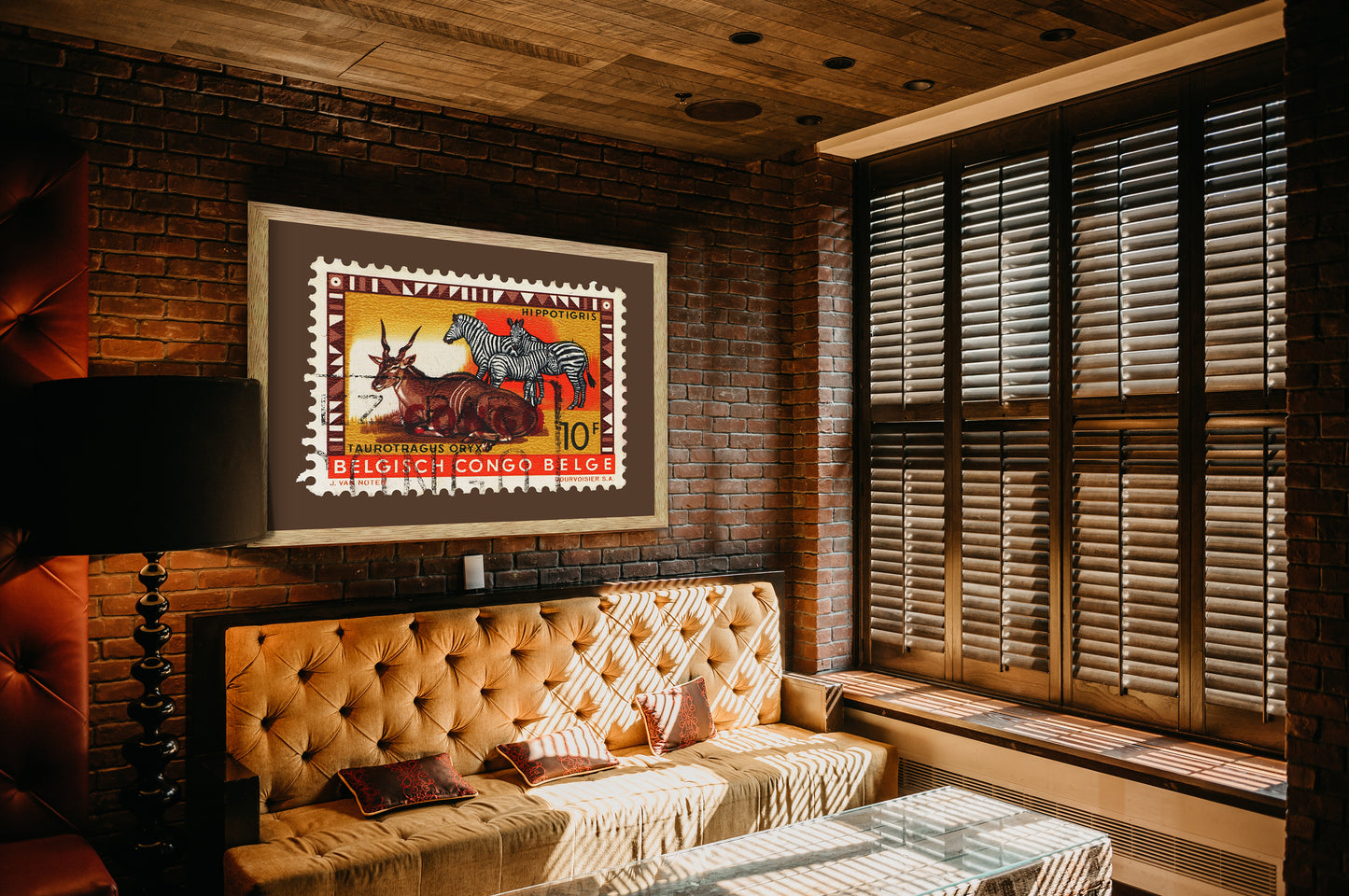 Belgisch Congo Belge Stamp, Vintage African Stamp Art Postage Framed Canvas Print, African Hippotigris, African Zebra, Travel Poster Prints