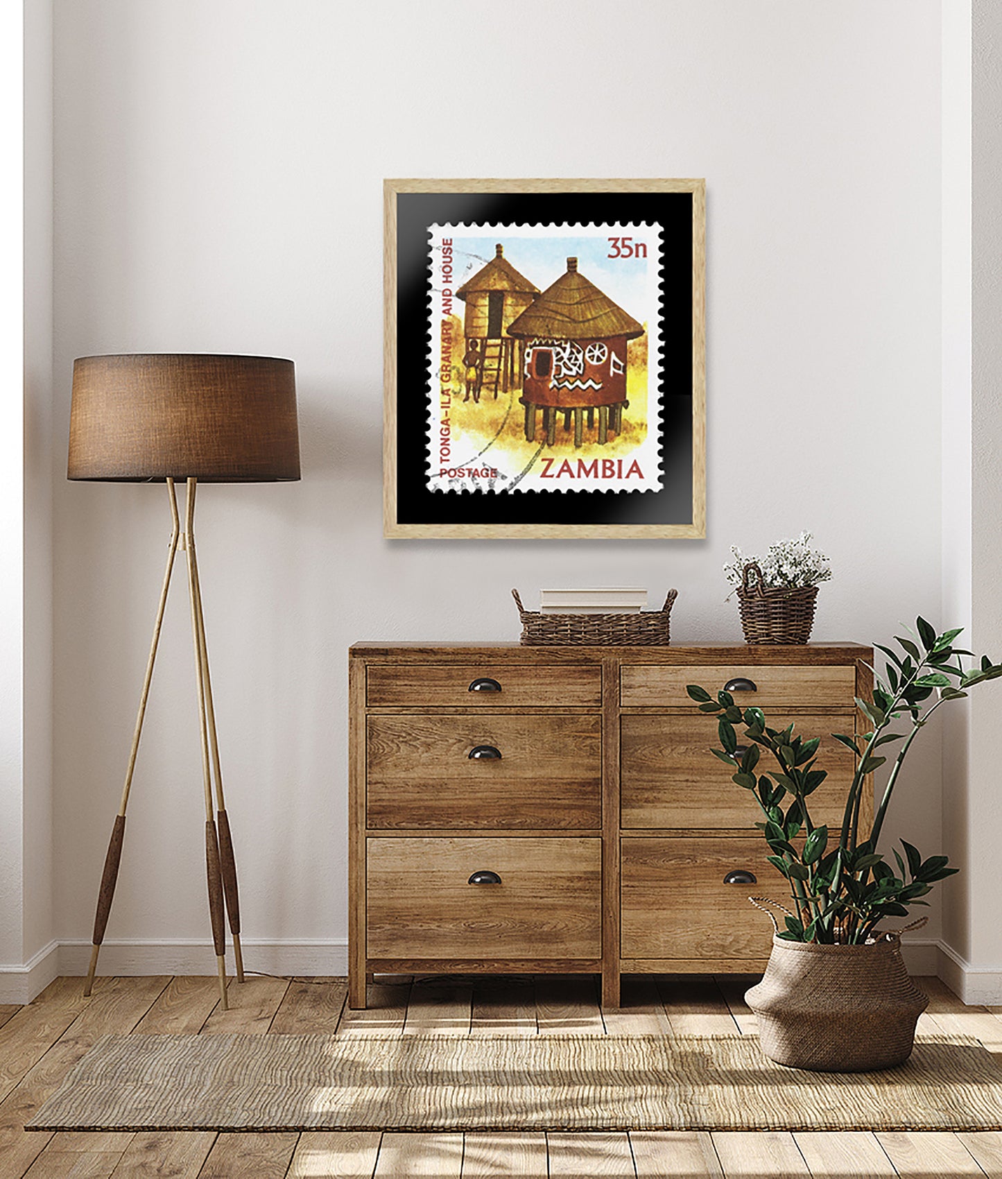 Vintage African Stamp Art Postage, Zambia Stamp, Zambian House Photo , Printed Picture Wall Art , Travel Poster Prints