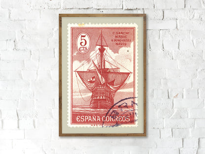 Spain Stamp Collection, Ship Santa Maria, Poster, Wall Hangings, Home Decor, Gift idea