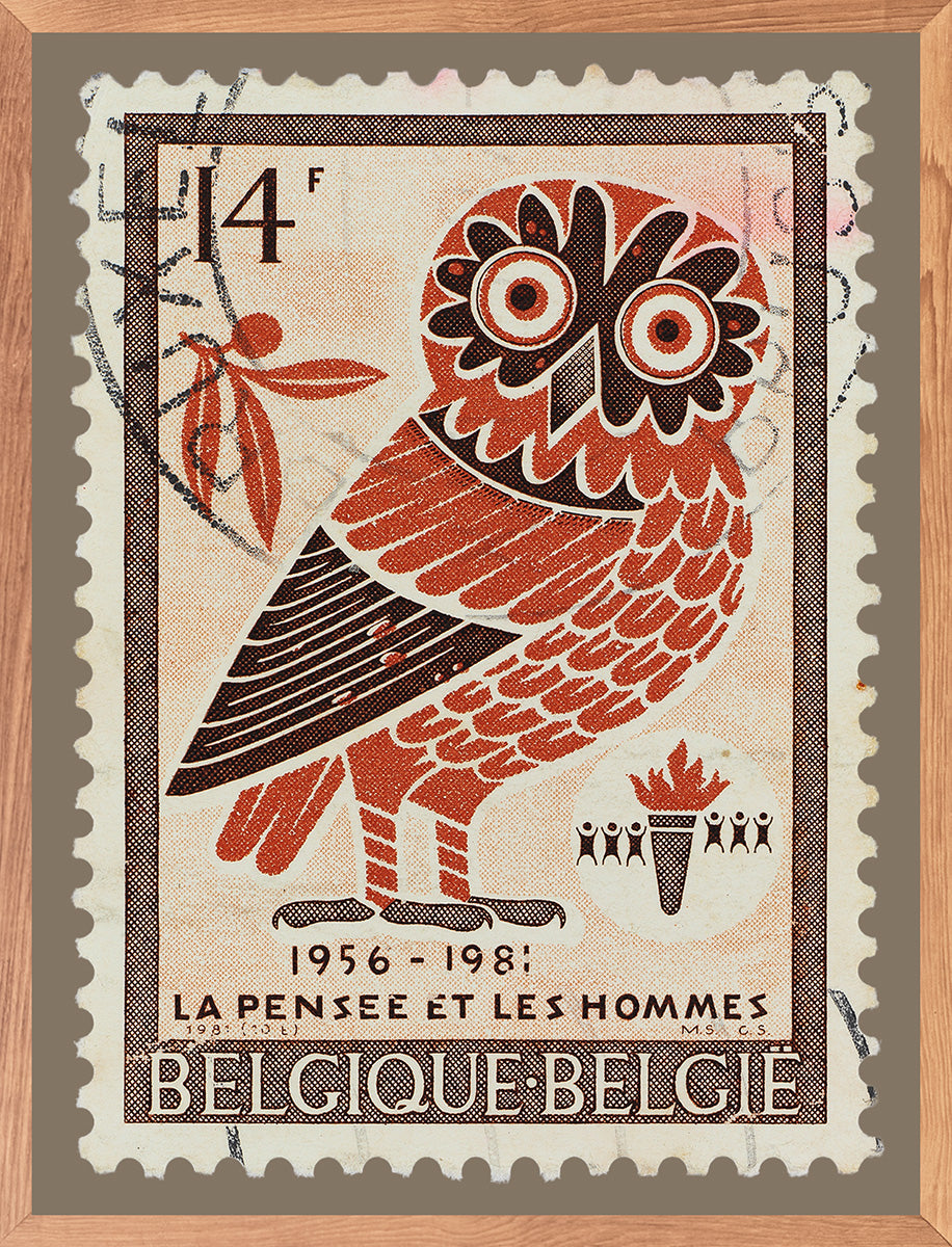 Belgium Stamp Collection, Belgique Owl, Philately, Wall Hanging, Home Decor, Gift idea, Poster