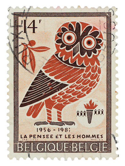 Belgium Stamp Collection, Belgique Owl, Philately, Wall Hanging, Home Decor, Gift idea, Poster