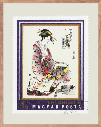 Hungary Stamp Collection, Geisha painting, Yeishi, Philately, Wall Hanging, Home Decor, Poster, Gift idea