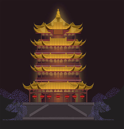 Yellow Crane Tower Poster Framed Canvas Print, Wuhan City Poster, Vector poster, China, abstract poster, illustration poster, canvas art