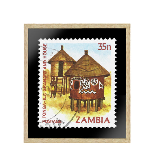 Vintage African Stamp Art Postage, Zambia Stamp, Zambian House Photo , Printed Picture Wall Art , Travel Poster Prints