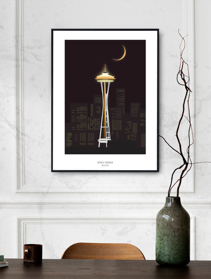 Seattle Space Needle Poster Framed Canvas Print, Tower Poster, Vector poster, abstract poster, city poster, illustration poster, canvas art