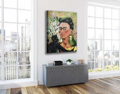 Frida Kahlo Self Portrait with Animals Hanging Canvas, Wall Art Decoration Canvas Printed Canvas, home decor poster