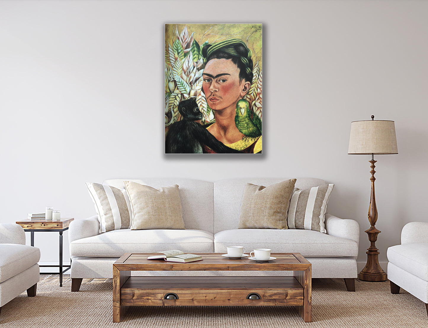 Frida Kahlo Self Portrait with Animals Hanging Canvas, Wall Art Decoration Canvas Printed Canvas, home decor poster