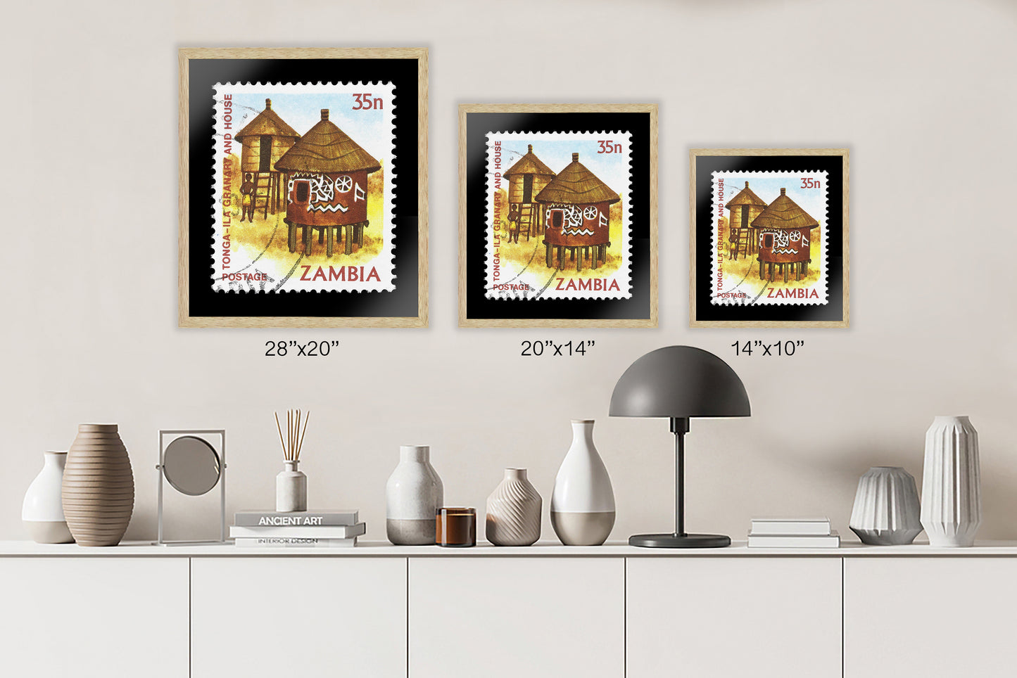 Vintage African Stamp Art Postage, Zambia Stamp, Zambian House Photo , Printed Picture Wall Art , Travel Poster Prints