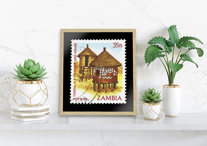 Vintage African Stamp Art Postage, Zambia Stamp, Zambian House Photo , Printed Picture Wall Art , Travel Poster Prints