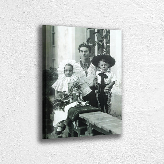 Frida Kahlo with Kids Portrait Canvas Wall Art Decoration, Printed Canvas, home decor, Portrait Poster, Black White Canvas