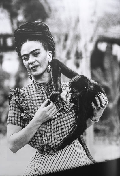 Frida Kahlo with monkey Hanging Poster, Canvas Wall Art Decoration, Printed Canvas, home decor, Portrait Poster, White Black