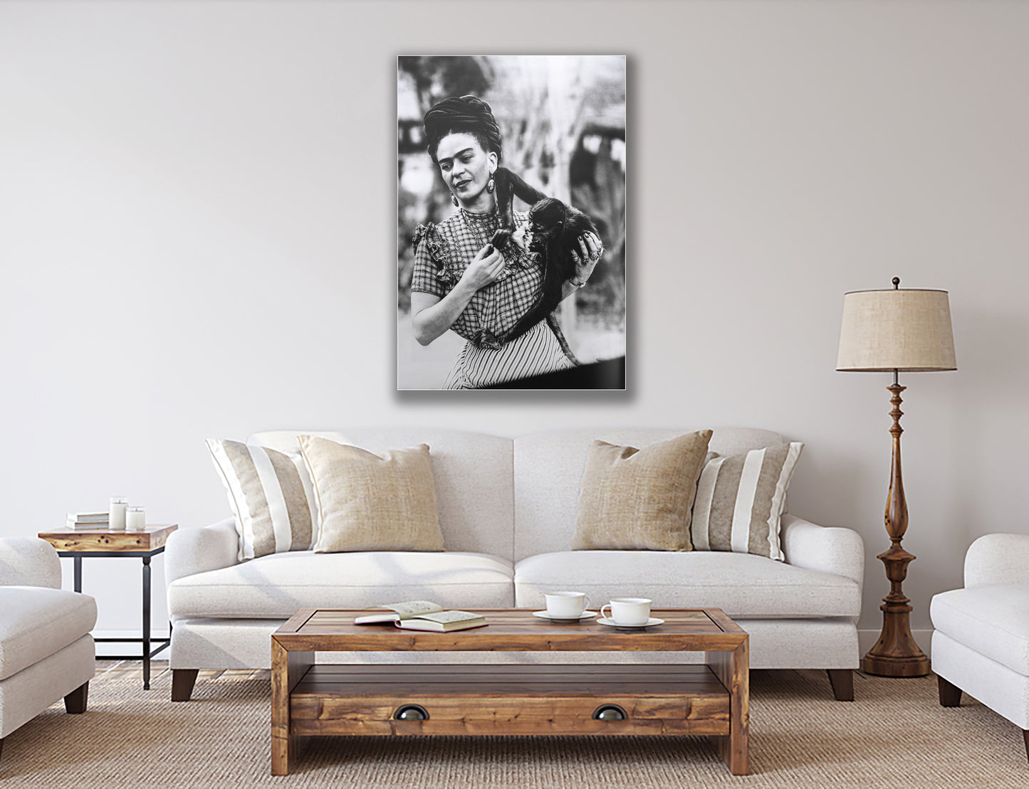 Frida Kahlo with monkey Hanging Poster, Canvas Wall Art Decoration, Printed Canvas, home decor, Portrait Poster, White Black