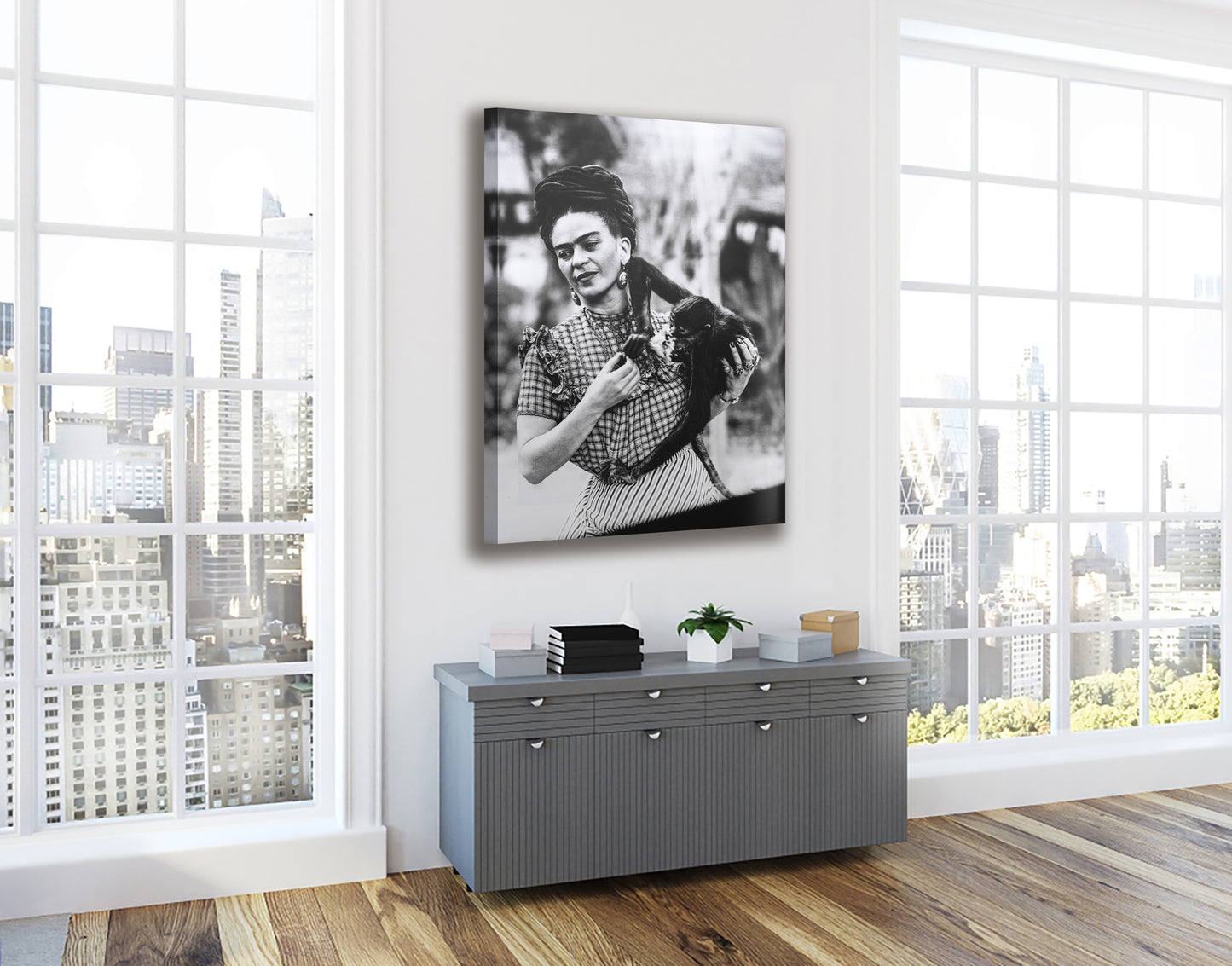 Frida Kahlo with monkey Hanging Poster, Canvas Wall Art Decoration, Printed Canvas, home decor, Portrait Poster, White Black