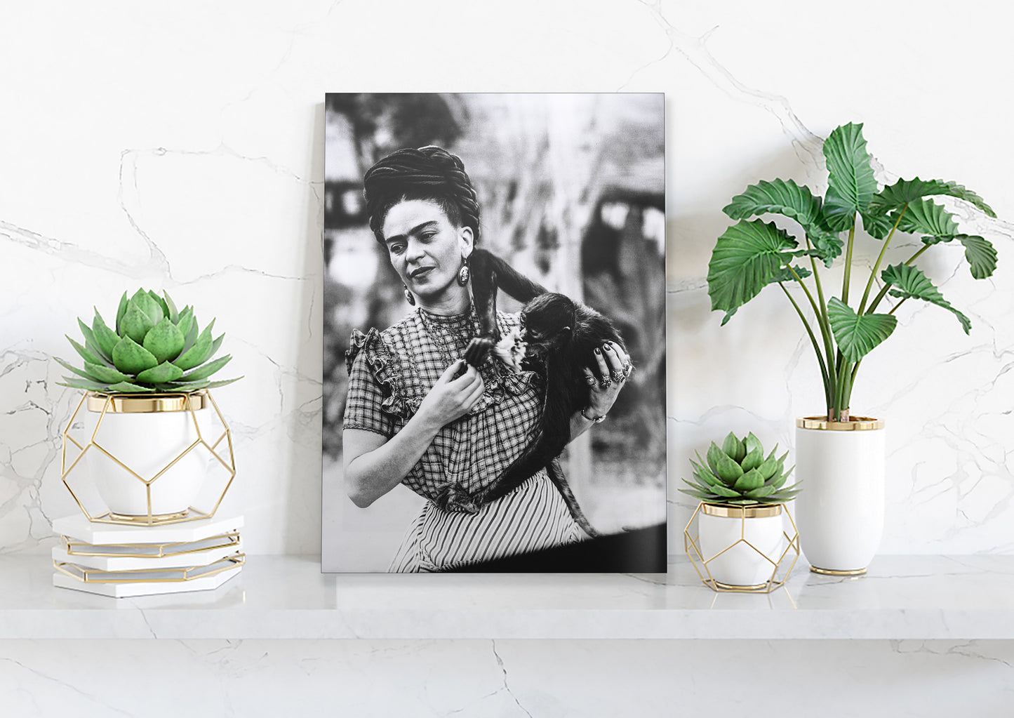 Frida Kahlo with monkey Hanging Poster, Canvas Wall Art Decoration, Printed Canvas, home decor, Portrait Poster, White Black